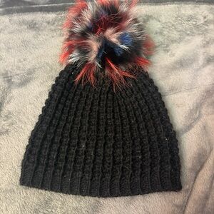Chic Black Knit Beanie with Colorful Pom-Pom